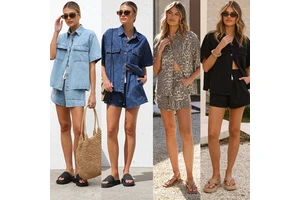 2025 Summer European American Foreign Trade Women's Casual Loose Pocket Short-sleeved Shirt Denim Two-piece Suit