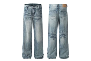 Light Blue Washed Denim Trousers Fashion Streetwear Distressed Wide Leg Pants High Quality Men's Loose Fit Jeans