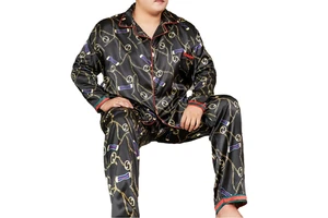 YYK Men's Plus Size Satin Silk Knitted Digital Printed 3X-5XL 2-Piece Breathable Cardigan Pajamas Long Sleeved Trousers All