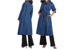 Trendy Denim Women Long Sleeve Lapel Double Breasted Women's Denim Jackets Coats Windbreaker With Pocket and Belt