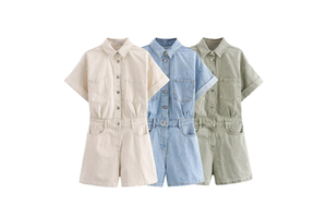 2026 Summer Women's Casual Slim Denim Jumpsuit Overalls Washed Roll Sleeve Lapel Vintage Style Button Skinny Fit Solid Waist