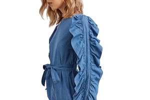 Ruffled Sleeves and Shoulder Sashes Design Wide Legs Collar Less Full Length Denim Jeans Washed Lady Causal Playsuits Jumpsuit