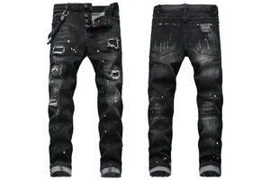 Men's Trendy Straight Jeans Broken Hole Scraped Style Light Washed with Paint Spatter Stretch Denim Jeans Pants for Men