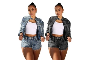 2025 Winter New Casual Women's Denim Short Jacket and Jeans Set 100% Cotton Windproof