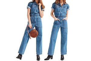 Custom Women Casual Short Sleeves Jumpsuit Blue Denim Work Wear Elastic Waist Zip Fly Jean Jumpsuit Overalls for Ladies