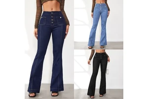 Women's Buckled High Waisted Jeans Breathable Denim Flared Pants with Slimming Temperament Casual Straight Style Long Pants