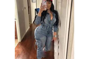 Fashion Pocket Wide Leg Pants Denim Jumpsuit with Belt