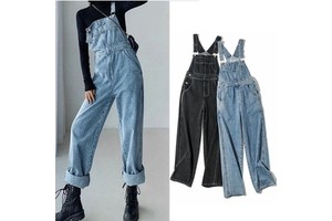 Classic Women's Loose Fit Denim Bib Overall Hot Sale High Waist Casual Cargo Pants with Stretch Adjustable Straps Front Pocket