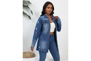 Oversize Heavy Denim Jackets and Coats for Women Hot Selling Light Blue Broken Hole Denim Jackets Suppliers