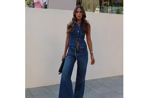 2025 Spring/Summer New Women's Sleeveless Vest Button Wide-Leg Denim Set Trendy Fashion Vintage Style Denim Set