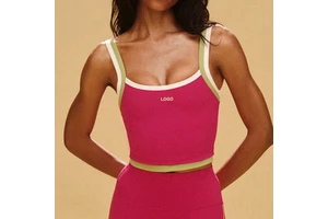 OEM Custom Women Color Block Thin Strap Double Layer U Neck Soft Nylon Spandex Athletic Workout Gym Training Yoga Crop Tank Top