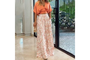 Plus Size Casual Office Lady Two Piece Sets Women Short Sleeve V Neck Slim Print High Waist Loose Fashion Casual Two Piece Pants
