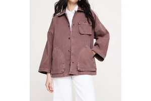 Women's Casual Oversized Denim Eco-Friendly Workwear Jacket Vintage Washed Mauve Long Sleeve Button Coat For Daily Wear