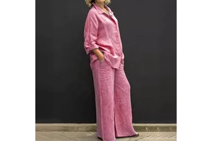 2026 New Arrival Women's Leisure Suit Solid Print Cotton Linen Two Piece Set With Long Sleeve Top And Pants