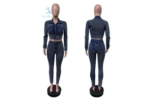 Fashion 2-Piece Ribbed Stretch Denim Set Woman's Long Sleeve Crop Top Jeans Pants with Outfit Suit