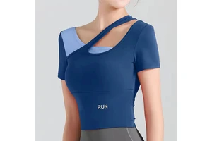 Women's Short Sleeve Athletic Yoga Crop Top Nude with Contrast Colors Breathable Lightweight Removable Pads Fitness Yoga Top