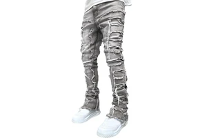 Ripped Stacked Men's Jeans Streetwear Cotton Denim Pants Straight Tassel Patch Distressed Wash Trousers