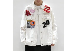 Spring Autumn New Retro Niche Design Badge Label Distressed Wash Applique Denim Jacket Trendy Handsome European Streetwear