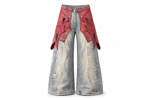 DiZNEW mens Wide Leg Acid Wash Jeans With Detachable PU Leather Chaps Overlay Zipper Rivet Streetwear denim Pants OEM ODM