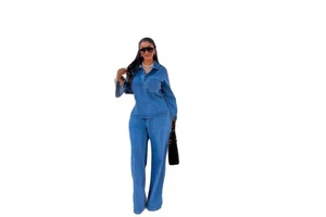 European American New Women's Denim Suit Lapel Pocket Top Lace-up Straight Trousers Two-piece Set Bow Collar Women's Clothes
