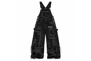 Custom Printed Women's Black Denim Overalls Loose Fit Full Length Ripped Pockets Punk Wide Leg Style Street Wear