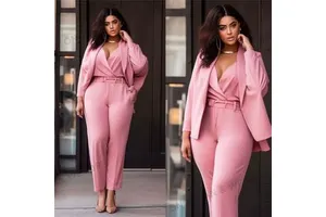 Plus Size Sesidy Office Ladies Jacket Suit Set Solid Color Outerwear Clothes Two Piece Pants Set Casual Outfit Set