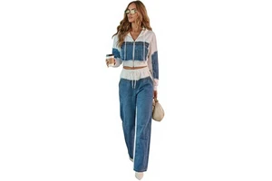 Custom 2026 Europe US Fashionable Hooded Patchwork Beaded Denim Casual Women's Loose-Fit Wide-Leg Two-Piece Suits Trendy