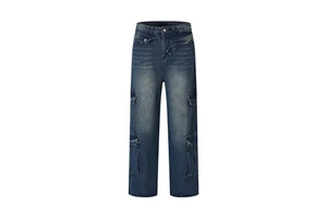 New Wholesale Men's Vintage Style Denim Jeans Pants Mid Waist Heavyweight Straight Washed Stretch Solid Plus Size Custom Logo