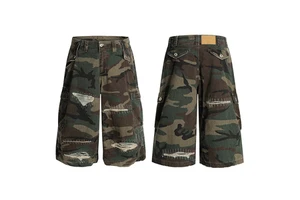 Custom High Quality Vintage Distressed Summer Men's Shorts Ripper Washed Denim Shorts Custom Patchwork Multi Pockets Camo Jorts
