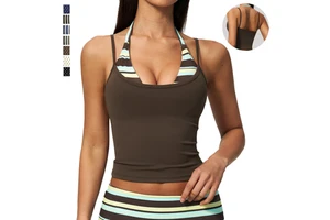 Women Yoga Crop Top Backless Halter Fitness Tank Top Faux Two Piece Breathable Stretch Quick Dry Soft Women Gym Workout Top