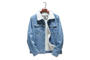 Men's Winter XL Bomber Jacket Warm Denim Coat With Button Decoration and Thicker Fleece Liner In Black Blue