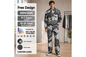 Men's Luxury Designer Inspired Pixel Check Denim Jacket And Pants Two-Piece Set, High Street Hip-Hop Casual Denim Set