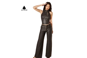 High Quality Customize Washed PU Leather Women's Set Fashion Leather Halter Zipper Top Wide-Leg Pants Suit Women's Jeans Set