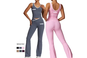 Women's Cross High Waist Sports Suit Contrast Color Backless Tight Naked Yoga and Running Fitness Plus Size 8843 Sets