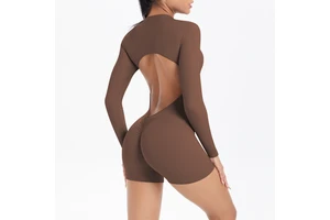 Women Short Sports Jumpsuit Breathable Quick Dry Long Sleeves Hollow Back Scrunch Butt Fitness Yoga Bodysuit