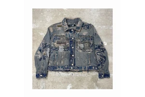 Sublimation Design Custom Button Heavy Wash Men'S Denim Jacket High Quality Vintage Distressed Patch Pocket Jeans Denim Jacket