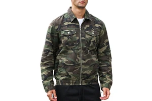 Men's Custom Logo Design Heavyweight Denim Jean Coat Stylish Vintage Streetwear Fashion Outerwear Distressed Camo Denim Jacket