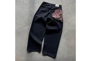 Wholesale Custom Heavyweight Distressed Embroidered Flower Graphic Men's Denim Pants Washed Straight Baggy Jeans For Men