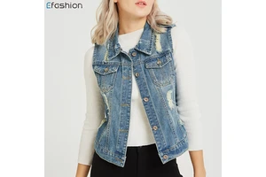 High Quality Women's Fashion Casual Denim Vest Ladies Jeans Ripped Jacket
