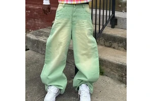 High Quality Loose Baggy Jean Pants Custom Mens Distress Wash Faded Mint Green Rhinestone Denim for Men