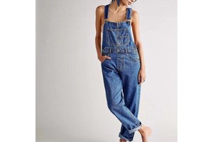 Women Loose Fit Classic Bib Casual Jean Stretchy Denim Overall Jumpsuit Tapered Leg Jean Pants Fashion Denim Overalls