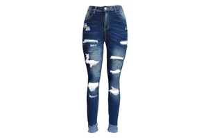 Women's High-Waist Knitted Solid Ripped Skinny Pencil Denim Jeans Breathable Casual Legging Vintage Hole Decoration Good Quality