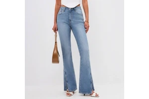 OEM/ODM Vintage Light Blue High Waist Flare Jeans Women Side Slit Stretch Denim Trousers Y2K Fashion Split Hem Chic