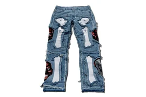 Men's Straight Fit Distressed Jeans With Bone Print And Skull Patches Plus Size Mid Waist Ripped Denim Pants Punk Style