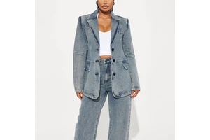 Women Blue Denim Blazer Jacket Suit Vintage Stone Wash Structural Seam Outerwear Streetwear Wholesale Retro Longline Coat