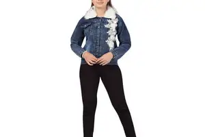 Turn Down Fur Collar And Sleeve Best Stylish Women Denim Jacket Faded Color Look Ripped Style Women Jeans Jacket