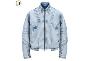 High-quality Vintage Denim Jacket, Acid-washed Stand-up Collar Zipper Distressed Jacket, Men's Custom logo Jacket.