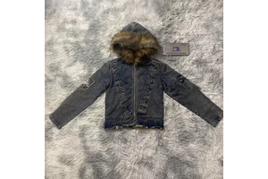 DENIMGUYS Men's Denim Jacket Personalized Customized Hip Hop Style Men Vintage Y2k Distressed Bomber Jacket With Fur Hood