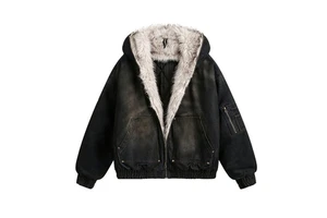 Men's Casual Winter American Street Style Fleece Cotton Jacket Stand Collar Washed Denim Mountain Eagle Coat Wasteland Front