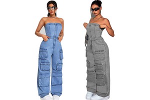 Vintage European American Style Denim Jumpsuit with High Waist Cargo Pants Trendy Strapless Multi-Pocket Women's Fashion